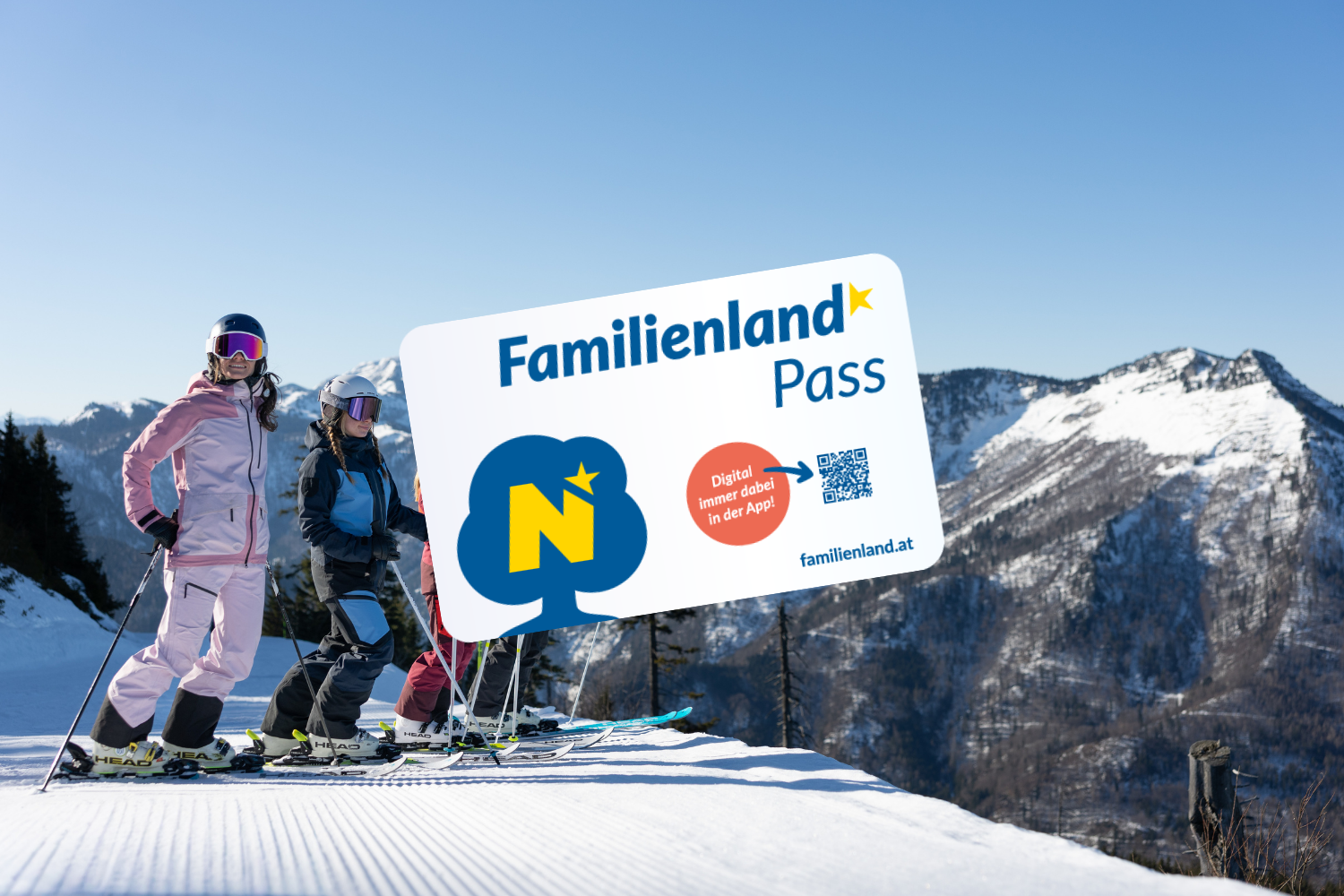 Familienland Sujet mit Skifahrern