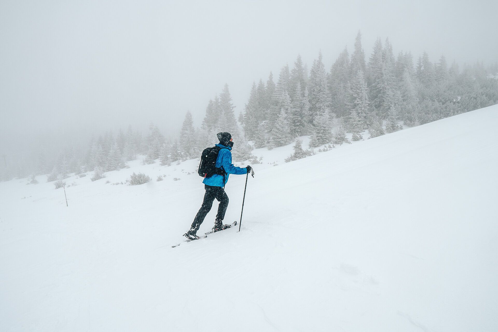 Inmitten einer winterlichen Traumlandschaft wandert ein Schneeschuhwanderer durch den frischen, unberührten Schnee. Die schneebedeckten Bäume und die sanften Hügel der Wiener Alpen schaffen eine friedliche Atmosphäre, die zum Verweilen einlädt. Hier, wo die Natur in ihrer reinsten Form erstrahlt, wird jeder Schritt zu einem unvergesslichen Erlebnis.